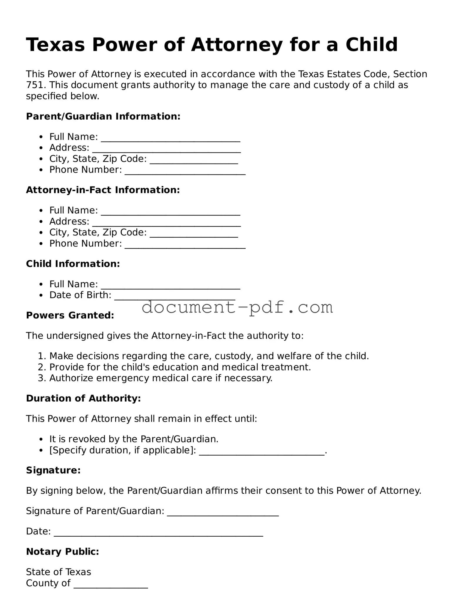 Attorney-Verified Texas Power of Attorney for a Child Template