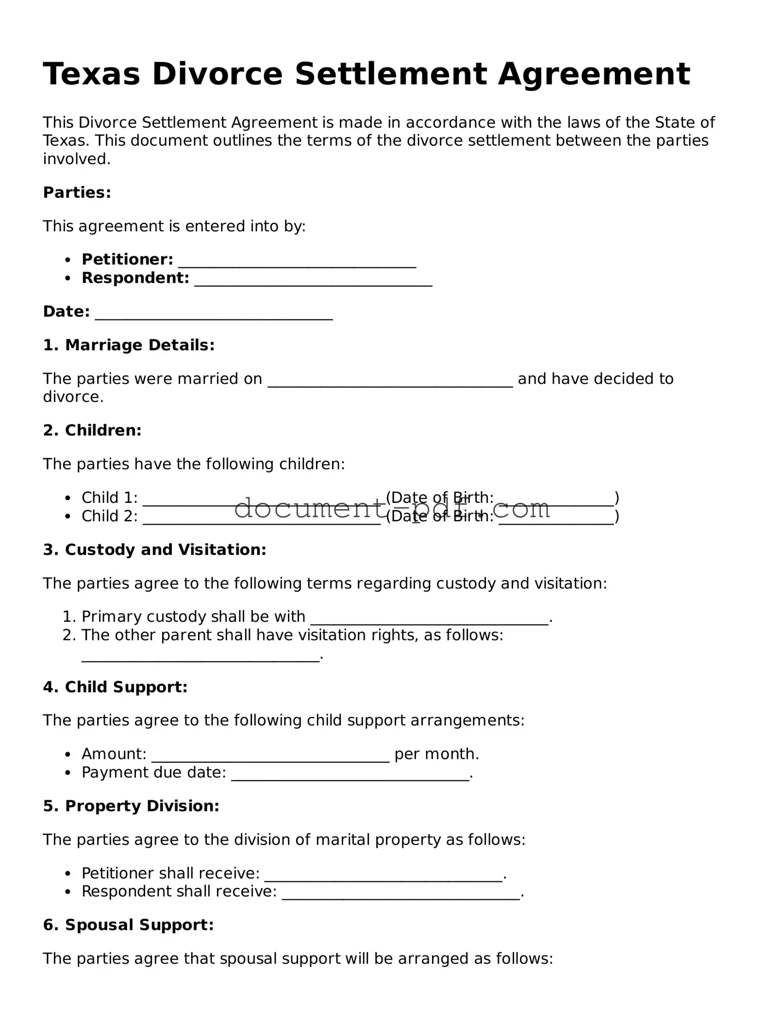 Attorney-Verified Texas Divorce Settlement Agreement Template
