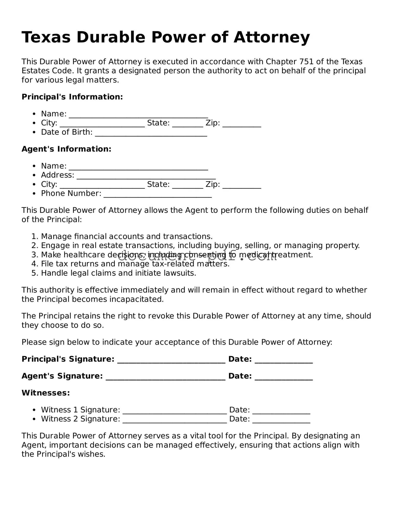 Attorney-Verified Texas Durable Power of Attorney Template