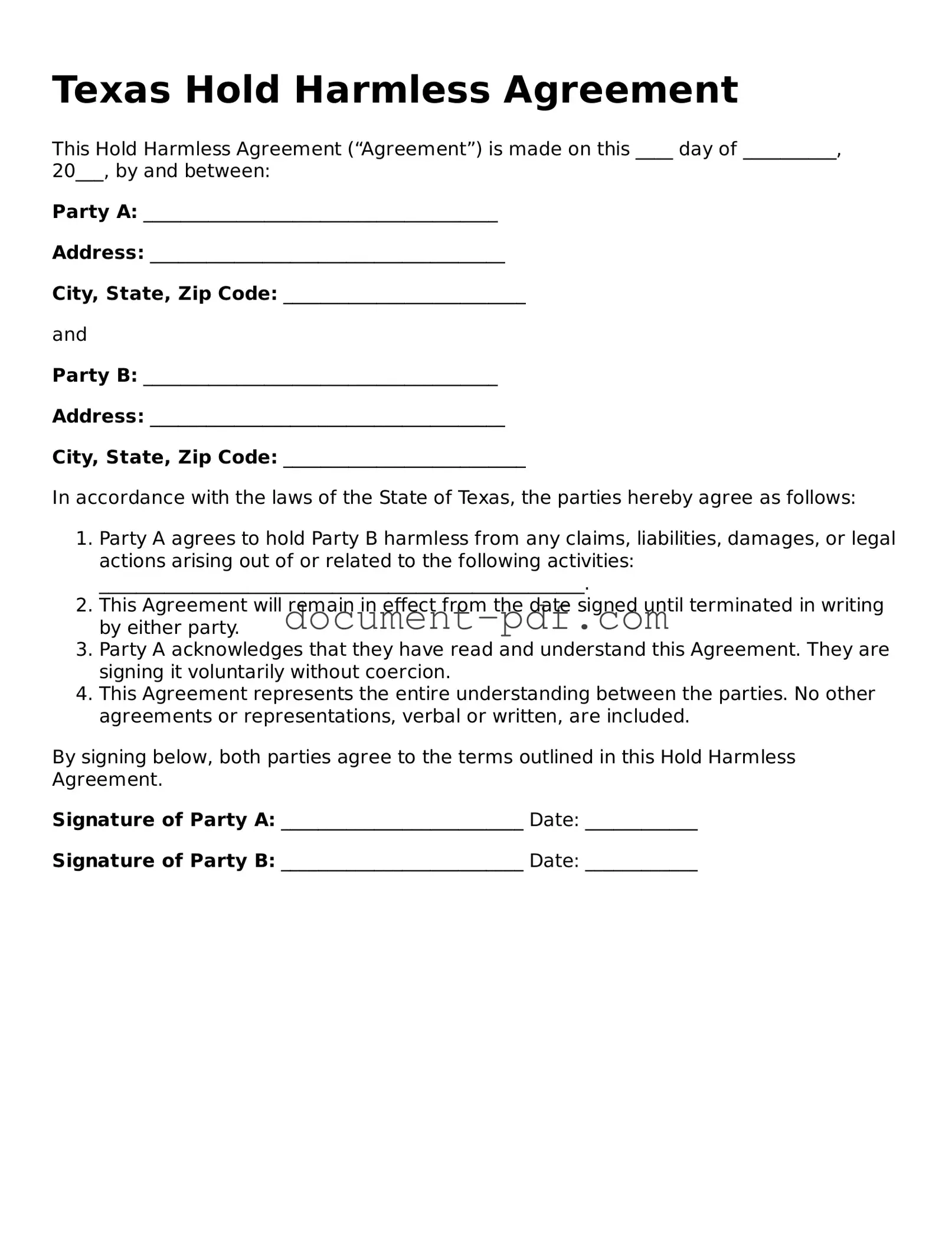 Attorney-Verified Texas Hold Harmless Agreement Template