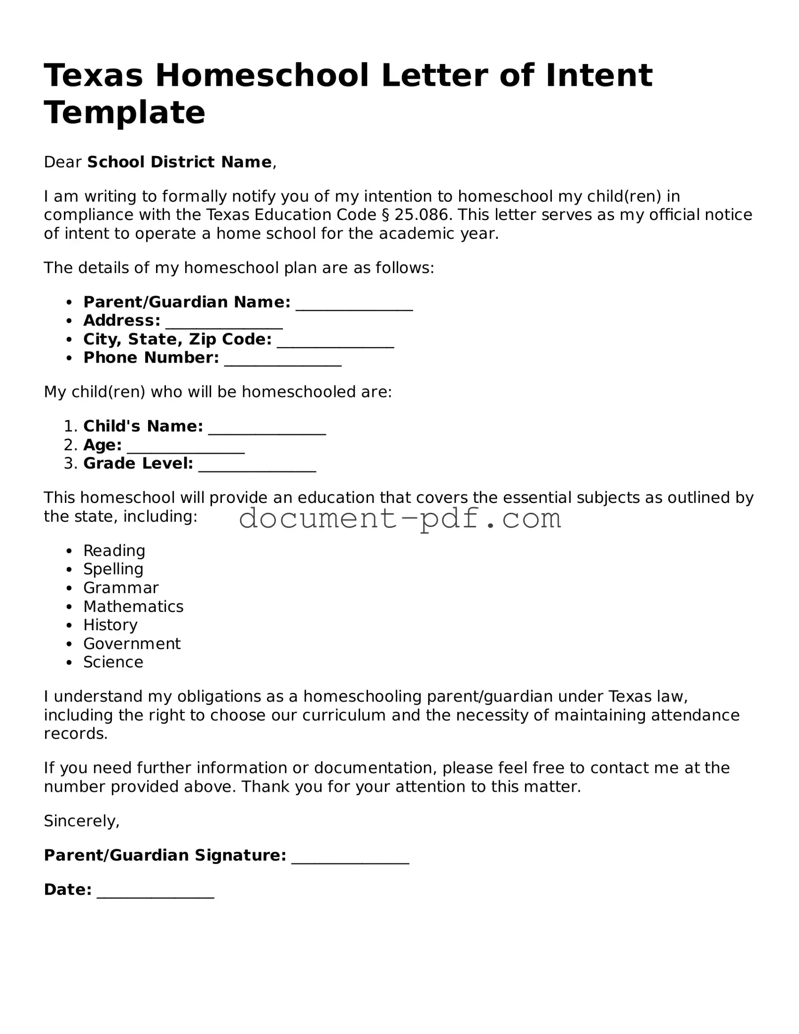 Attorney-Verified Texas Homeschool Letter of Intent Template