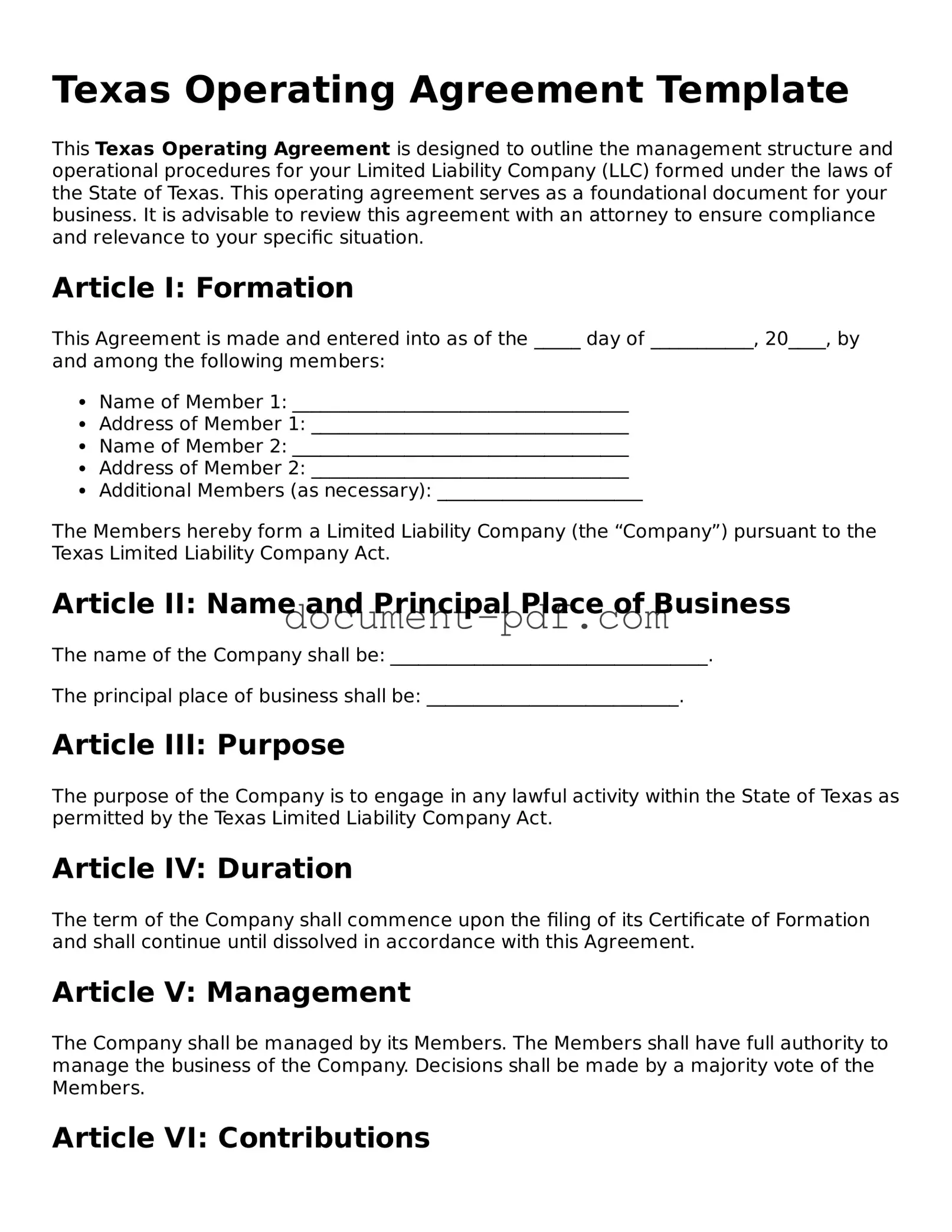 Attorney-Verified Texas Operating Agreement Template