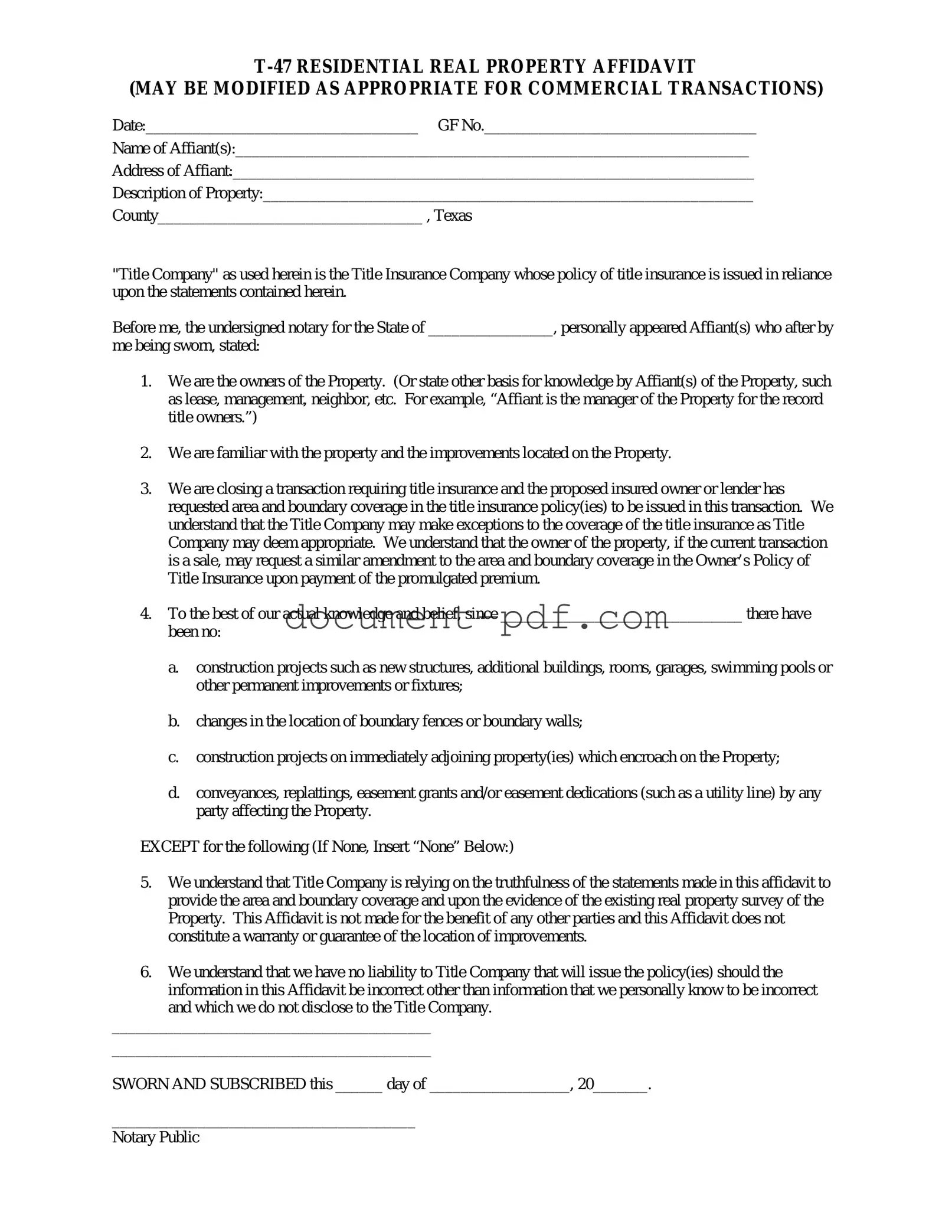 Blank Texas residential property affidavit T-47 PDF Form