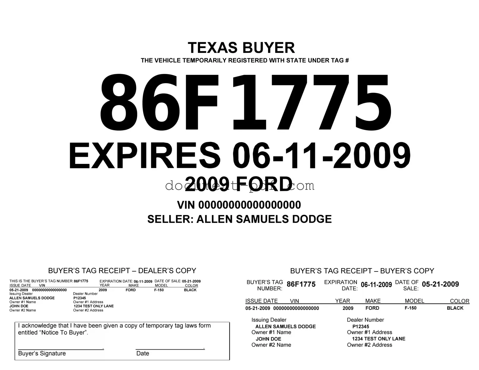 Blank Texas Temporary Tag PDF Form