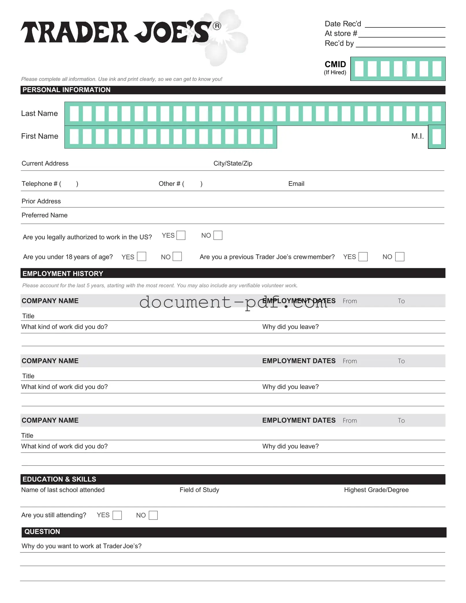 Blank Trader Joe's application PDF Form