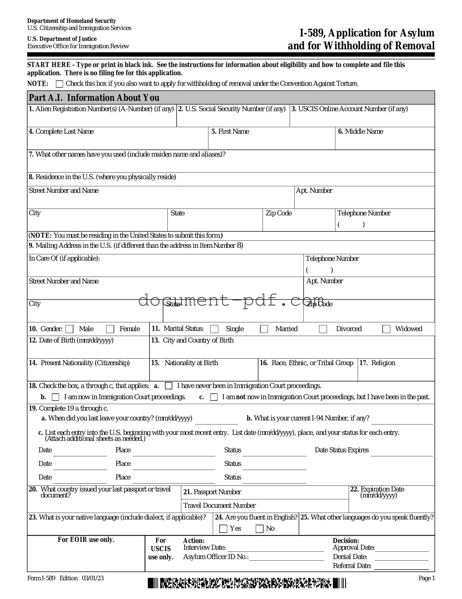 Blank USCIS I-589 PDF Form