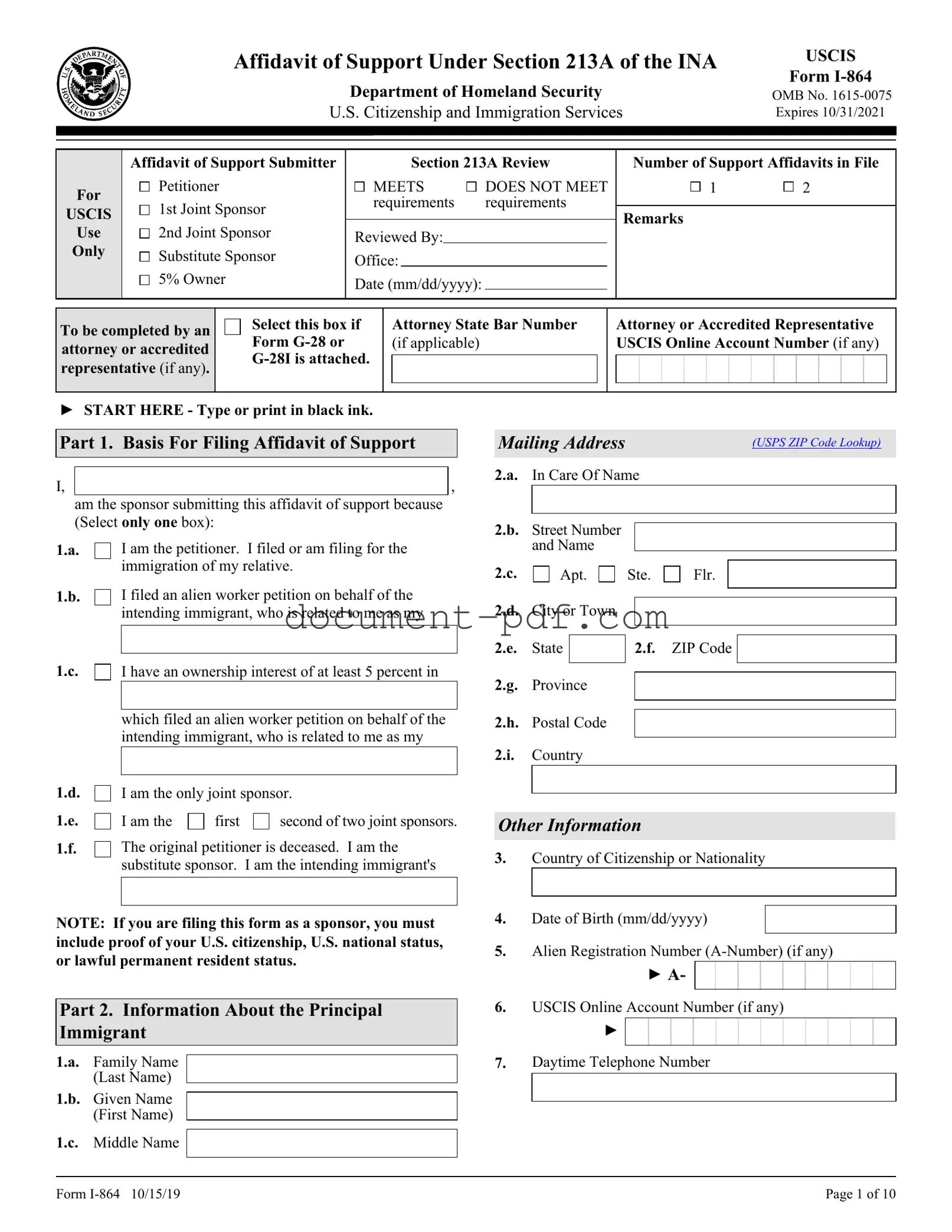 Blank USCIS I-864 PDF Form