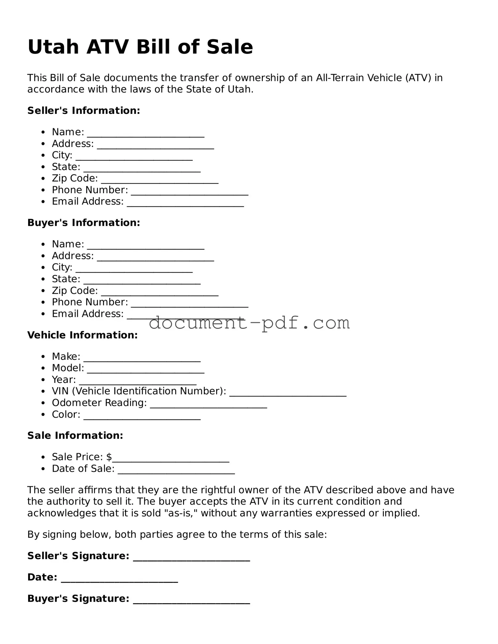 Attorney-Verified Utah ATV Bill of Sale Template