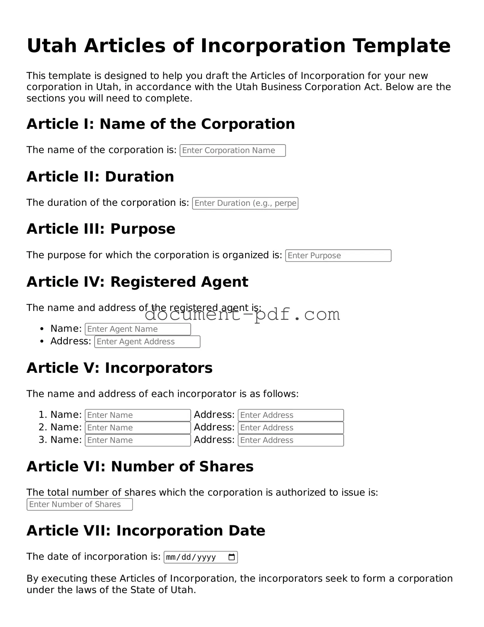 Attorney-Verified Utah Articles of Incorporation Template