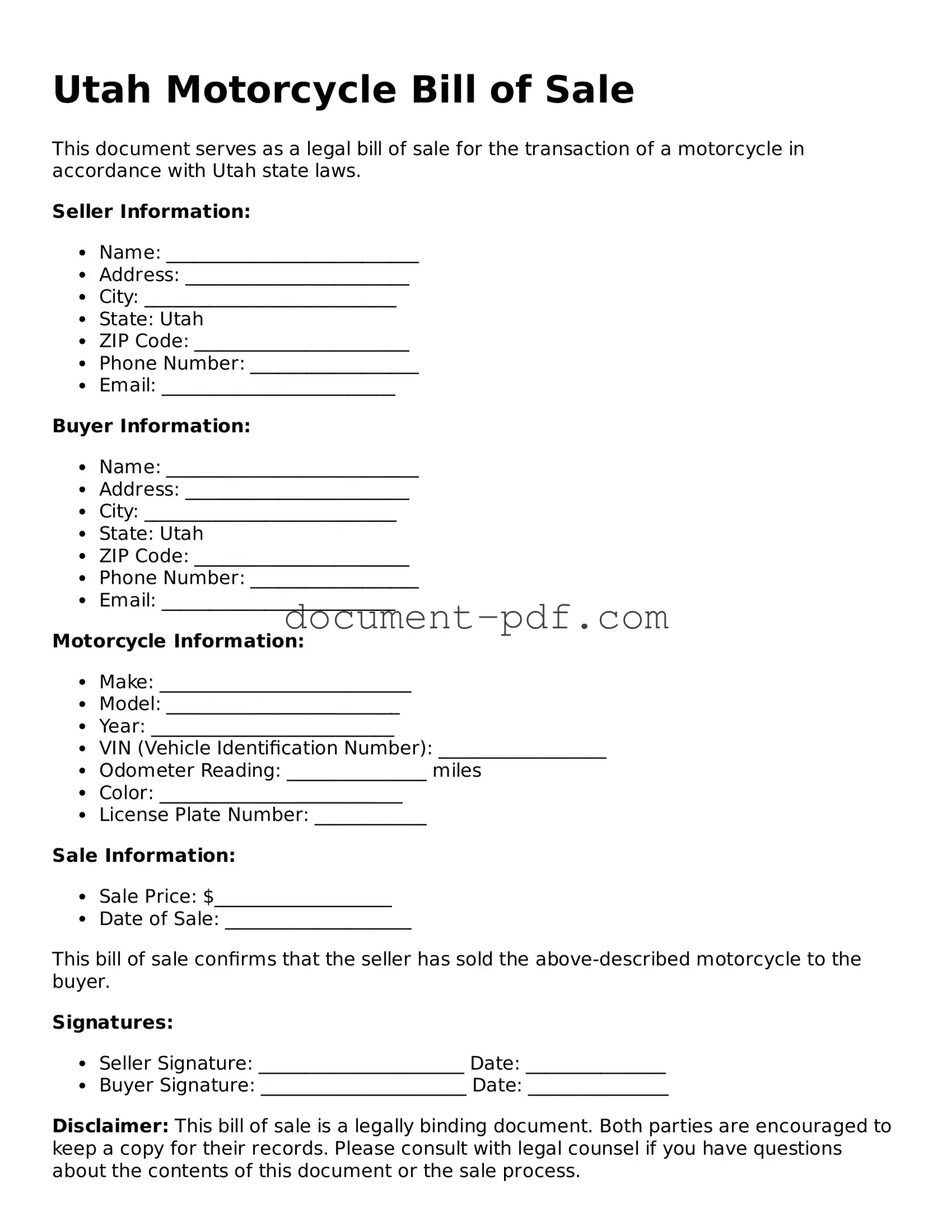 Attorney-Verified Utah Motorcycle Bill of Sale Template