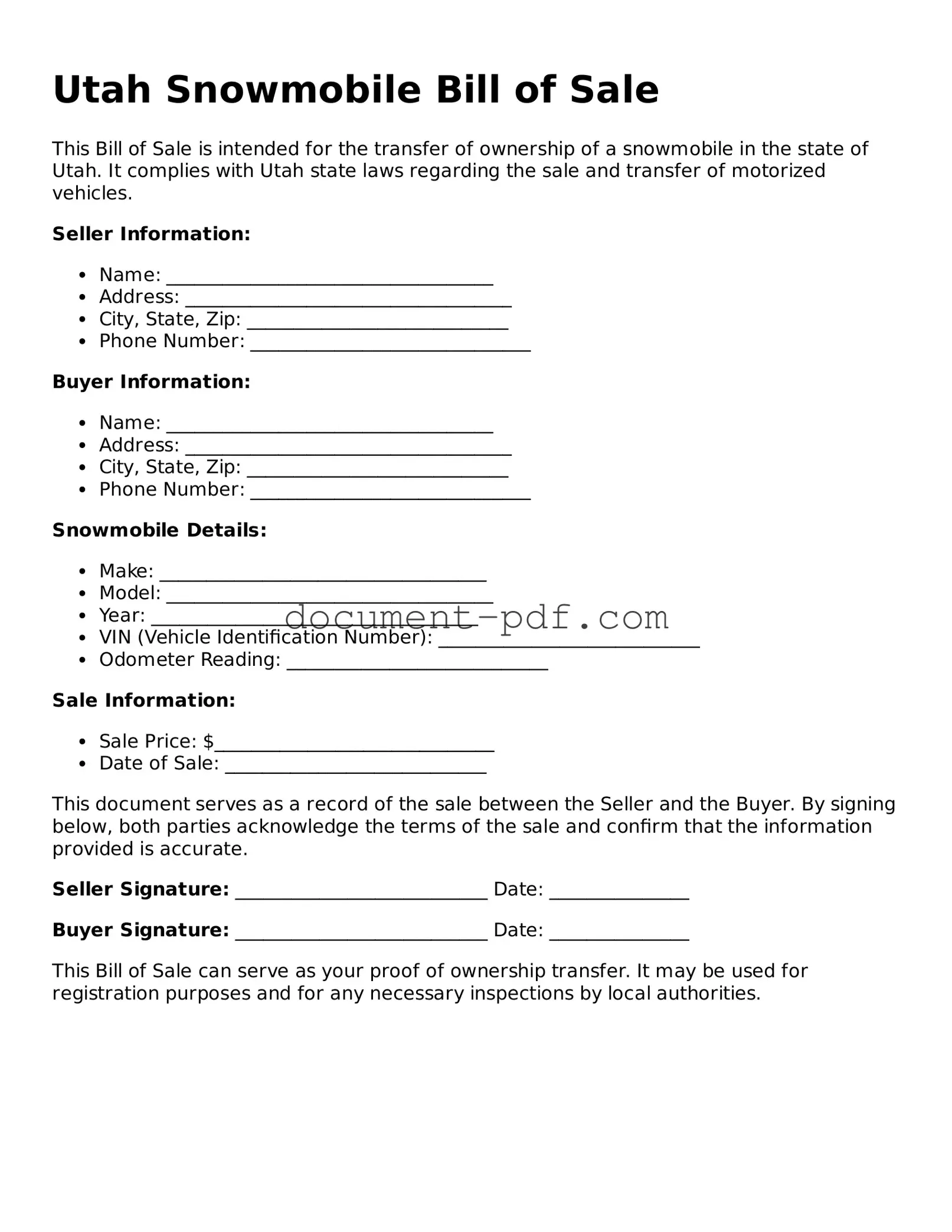 Attorney-Verified Utah Snowmobile Bill of Sale Template