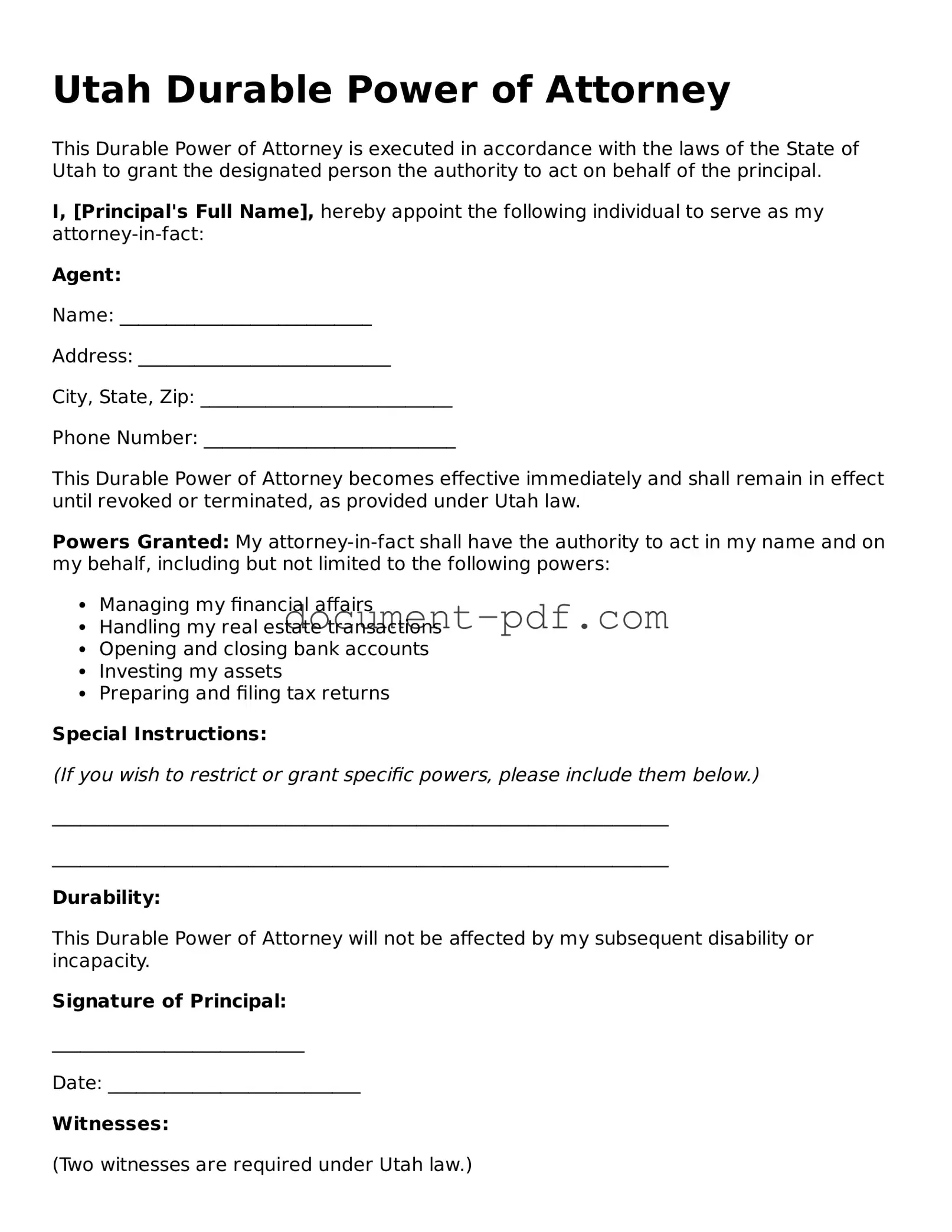Attorney-Verified Utah Durable Power of Attorney Template