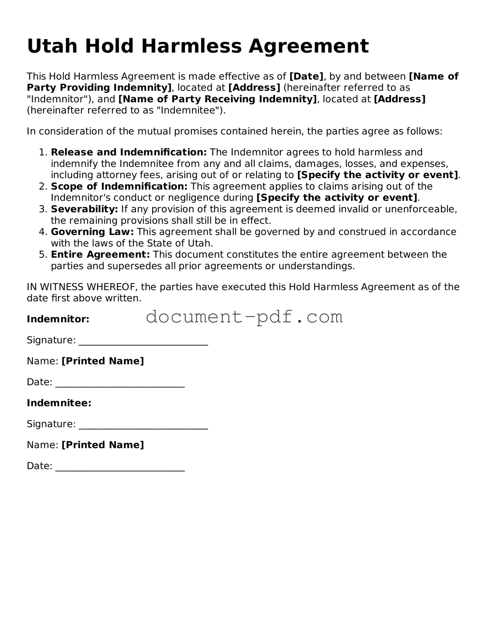 Attorney-Verified Utah Hold Harmless Agreement Template