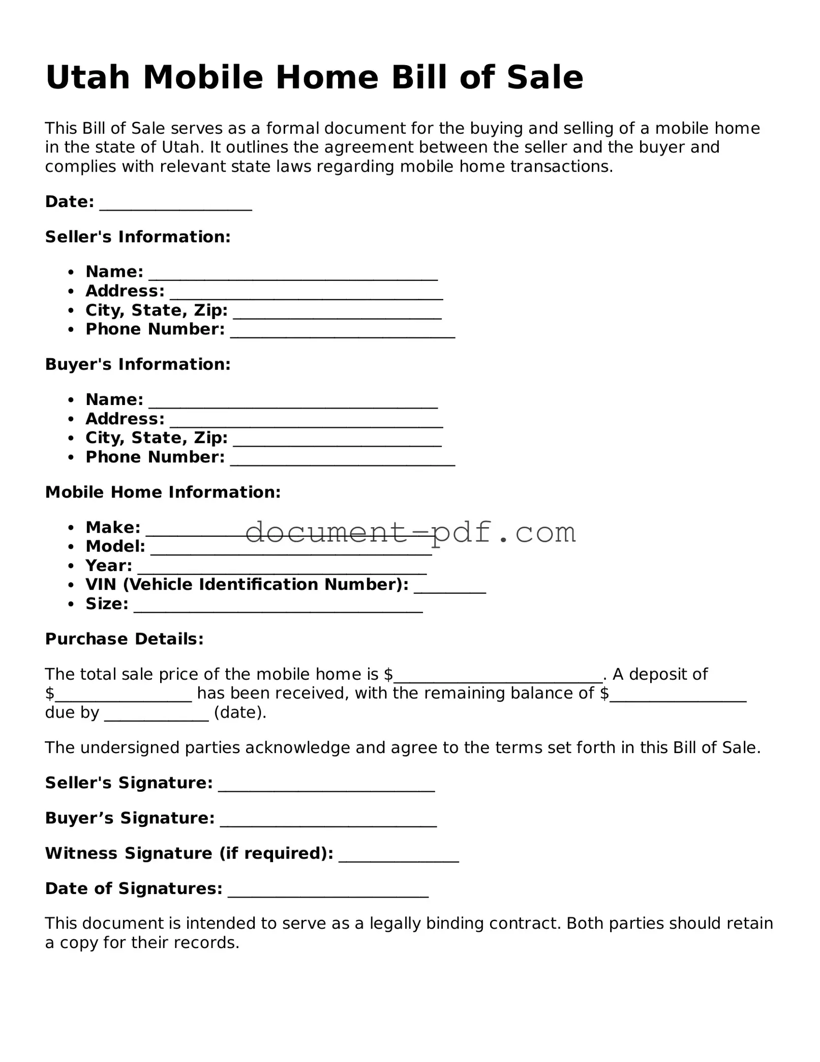 Attorney-Verified Utah Mobile Home Bill of Sale Template