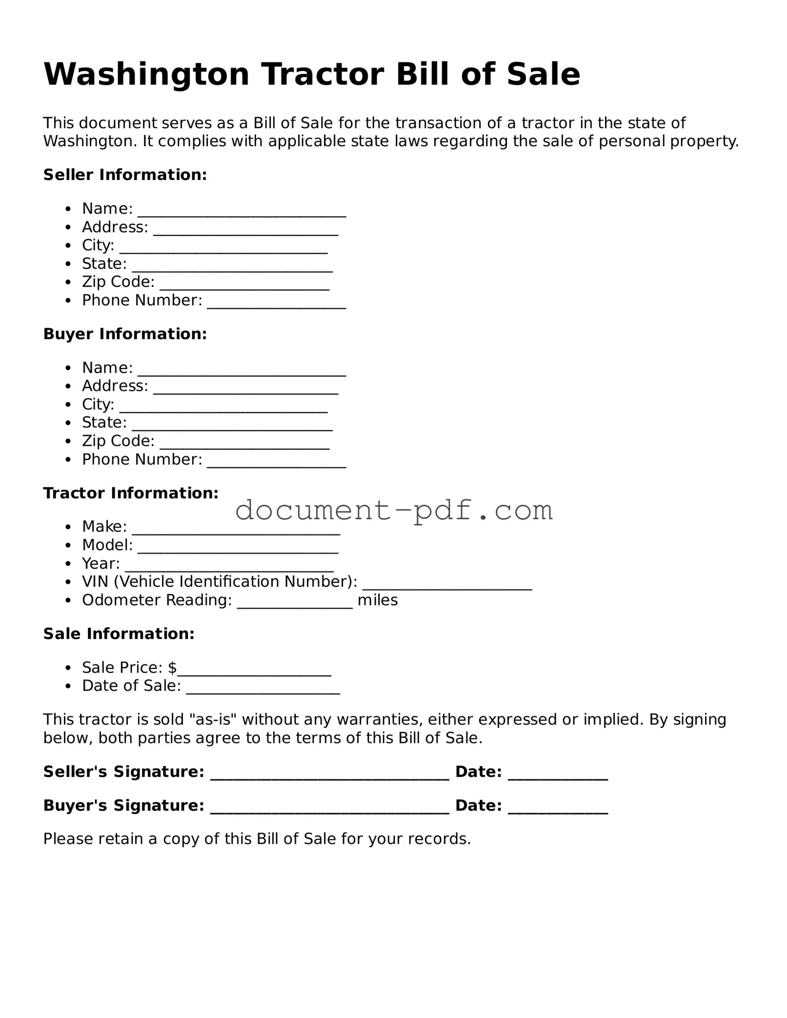 Attorney-Verified Washington Tractor Bill of Sale Template