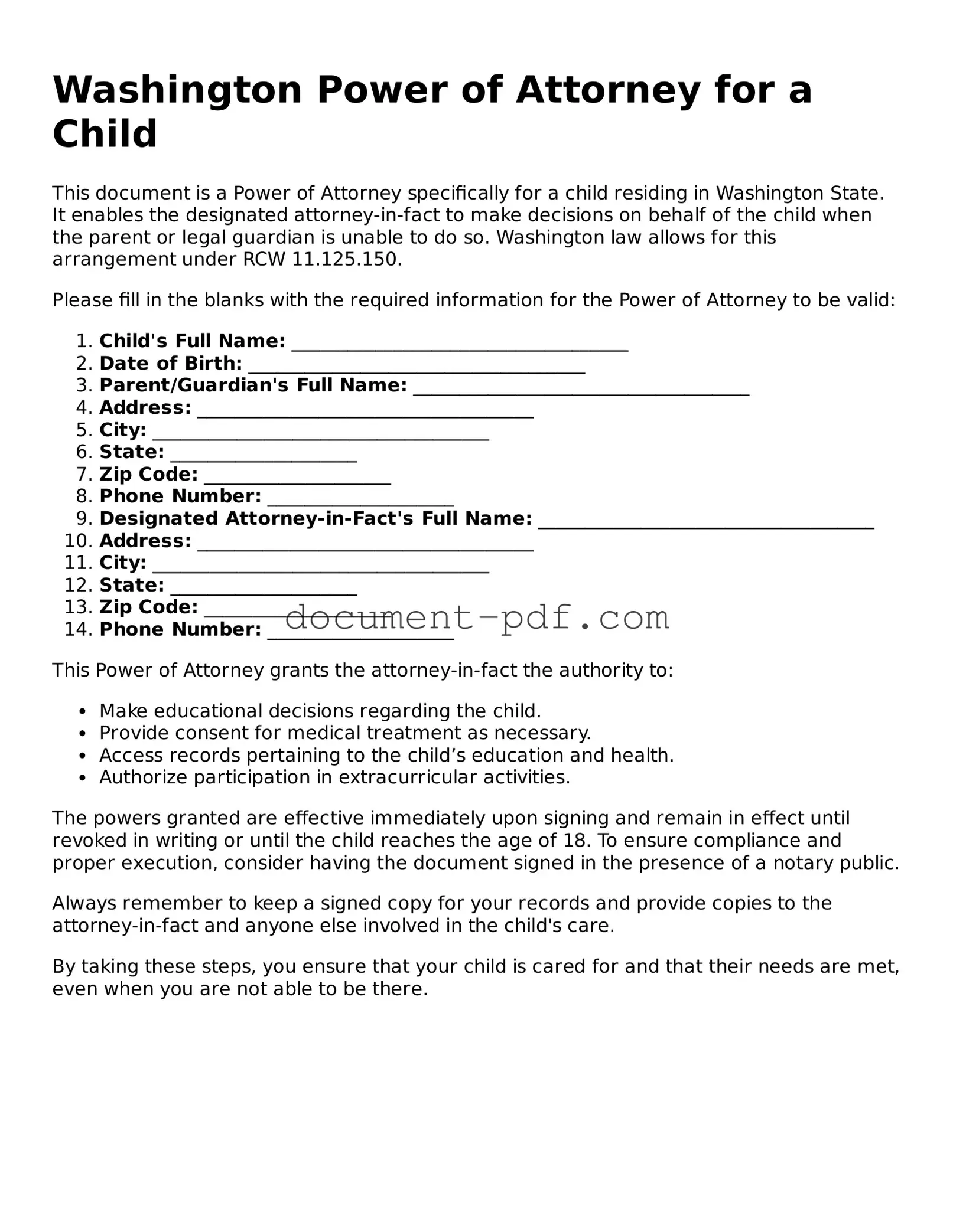 Attorney-Verified Washington Power of Attorney for a Child Template