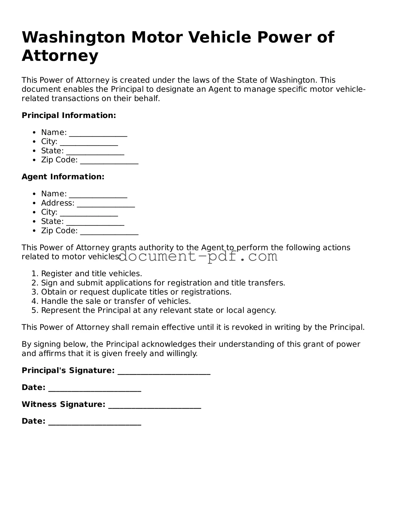 Attorney-Verified Washington Motor Vehicle Power of Attorney Template