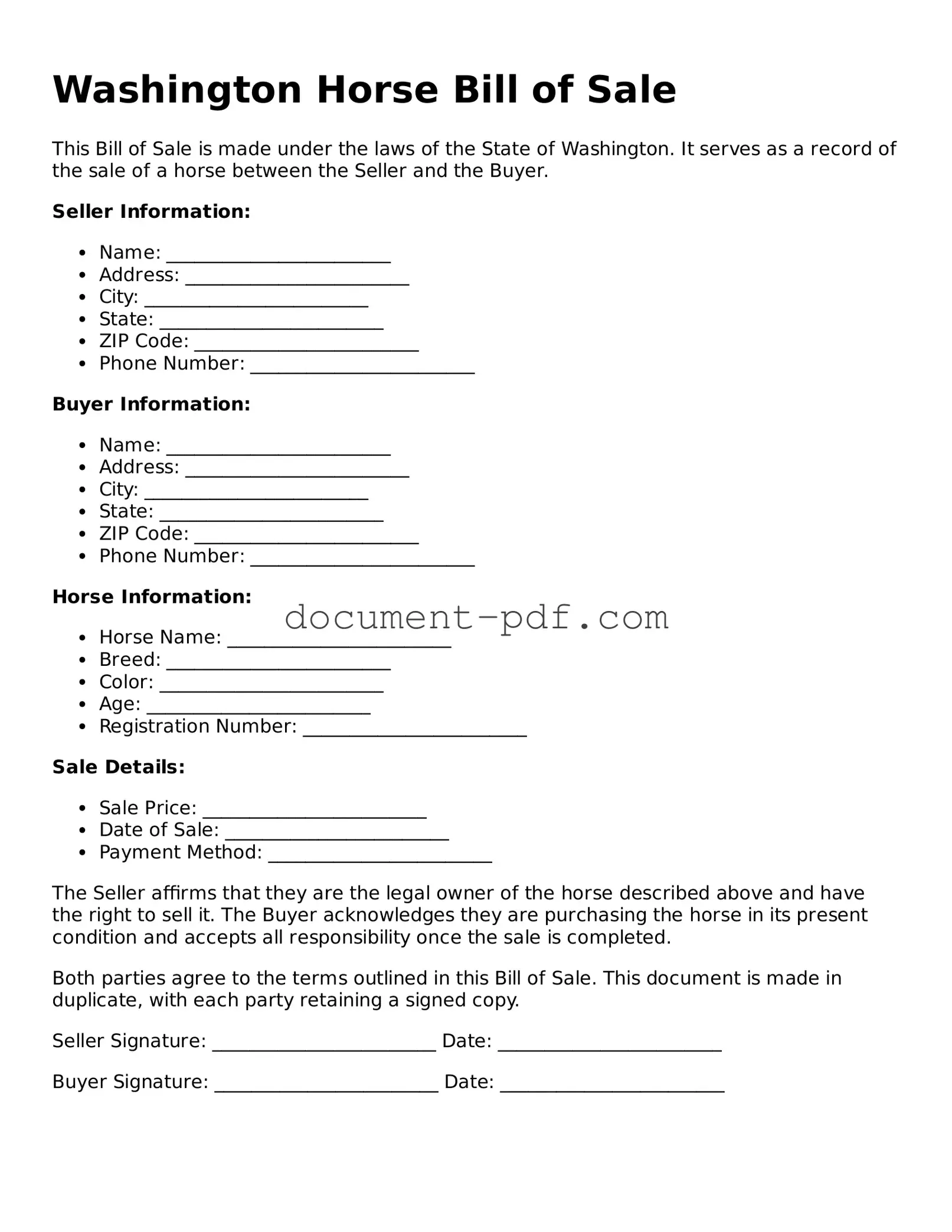 Attorney-Verified Washington Horse Bill of Sale Template