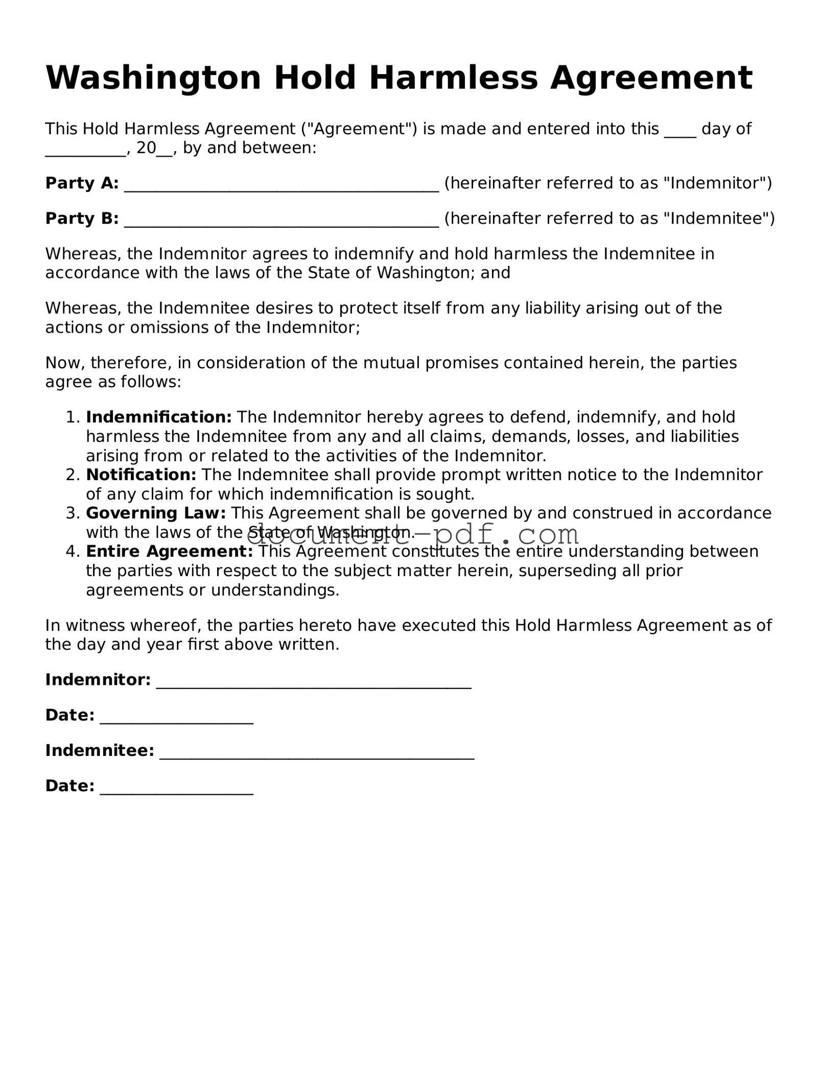 Attorney-Verified Washington Hold Harmless Agreement Template