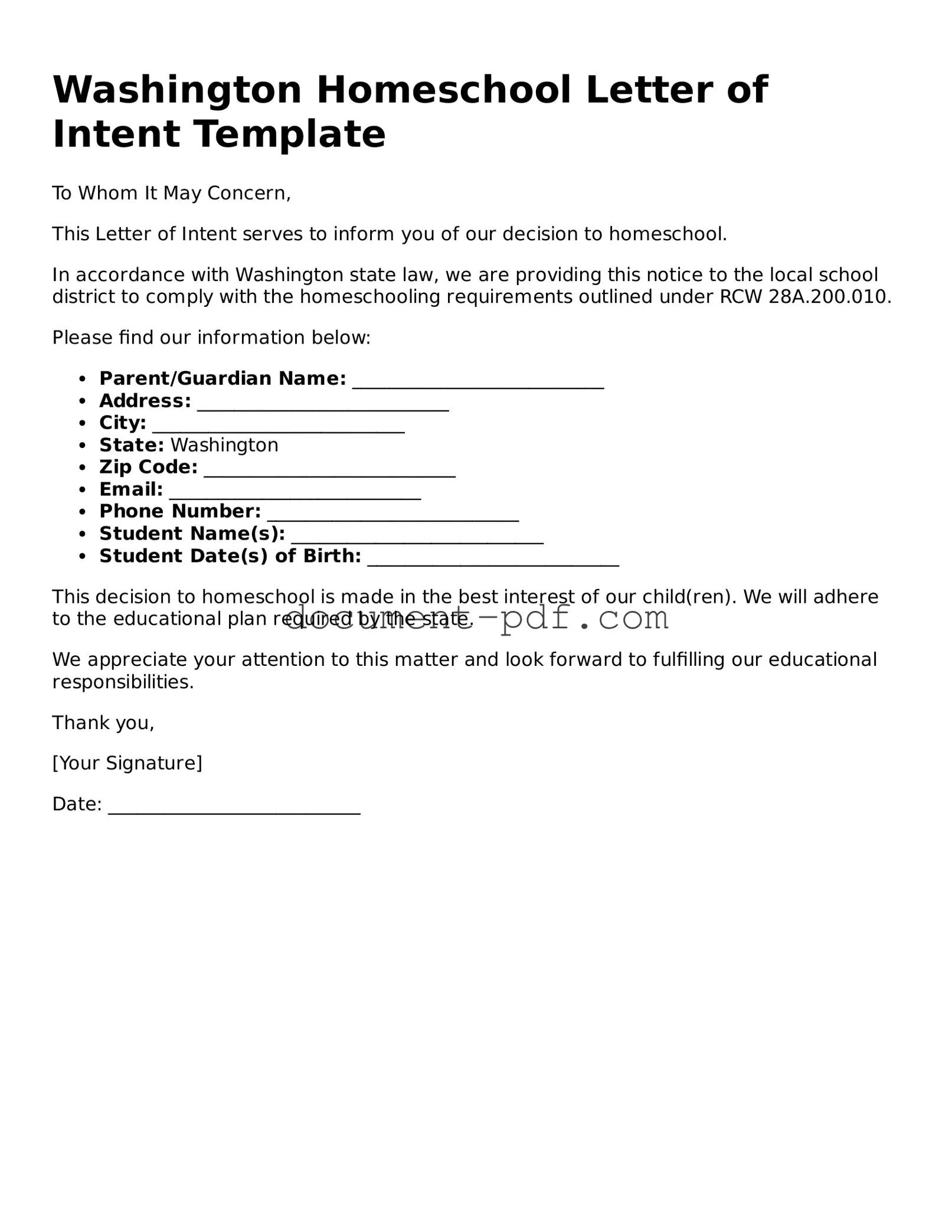 Attorney-Verified Washington Homeschool Letter of Intent Template