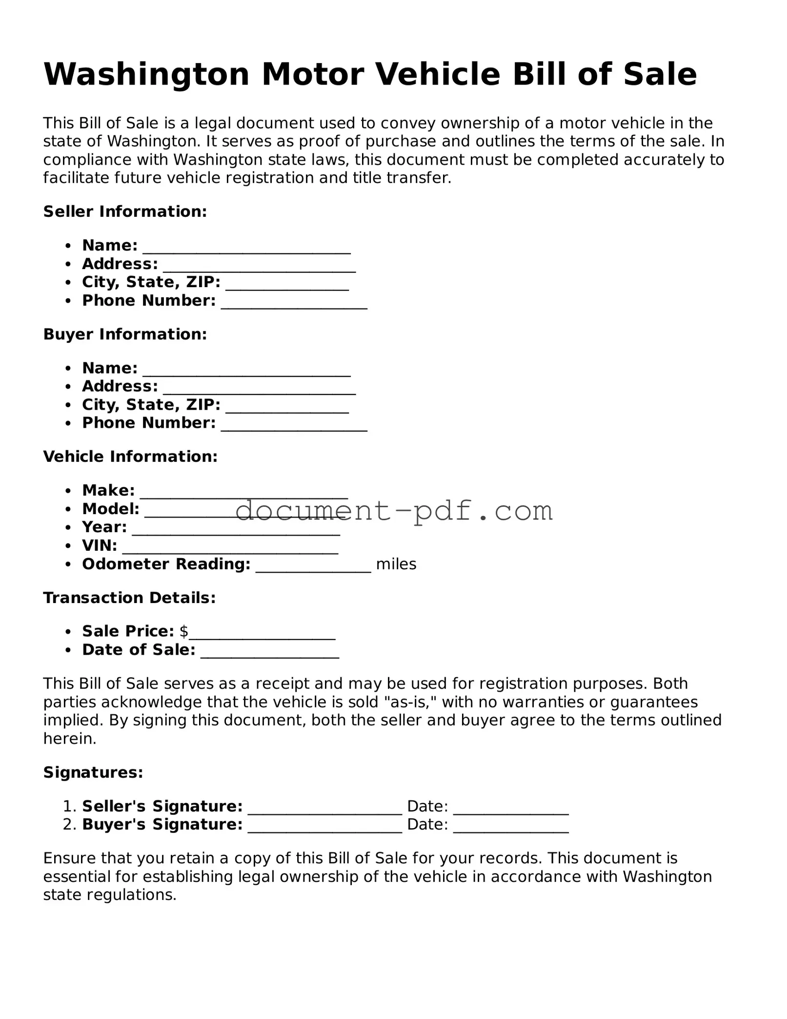 Attorney-Verified Washington Motor Vehicle Bill of Sale Template