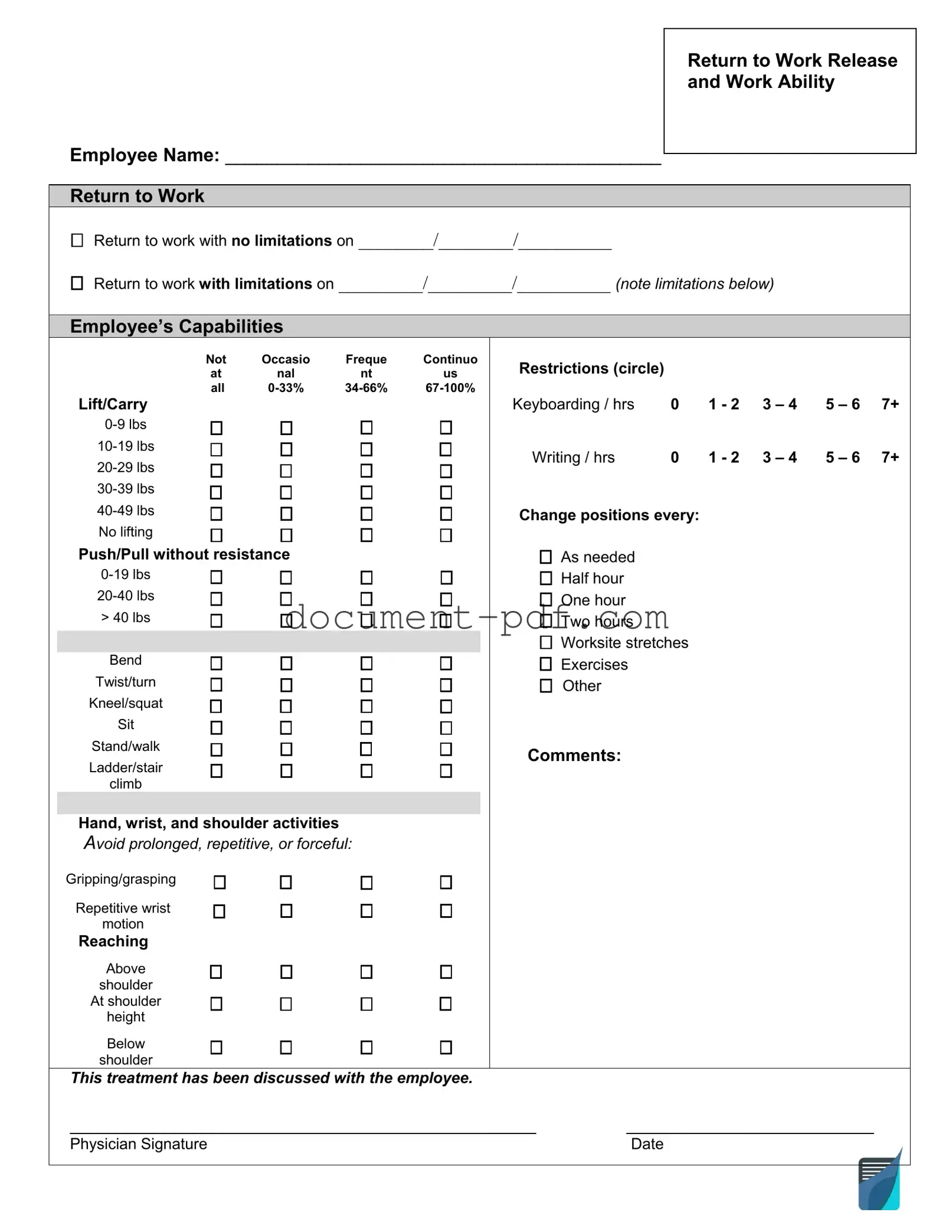 Blank Work Release PDF Form